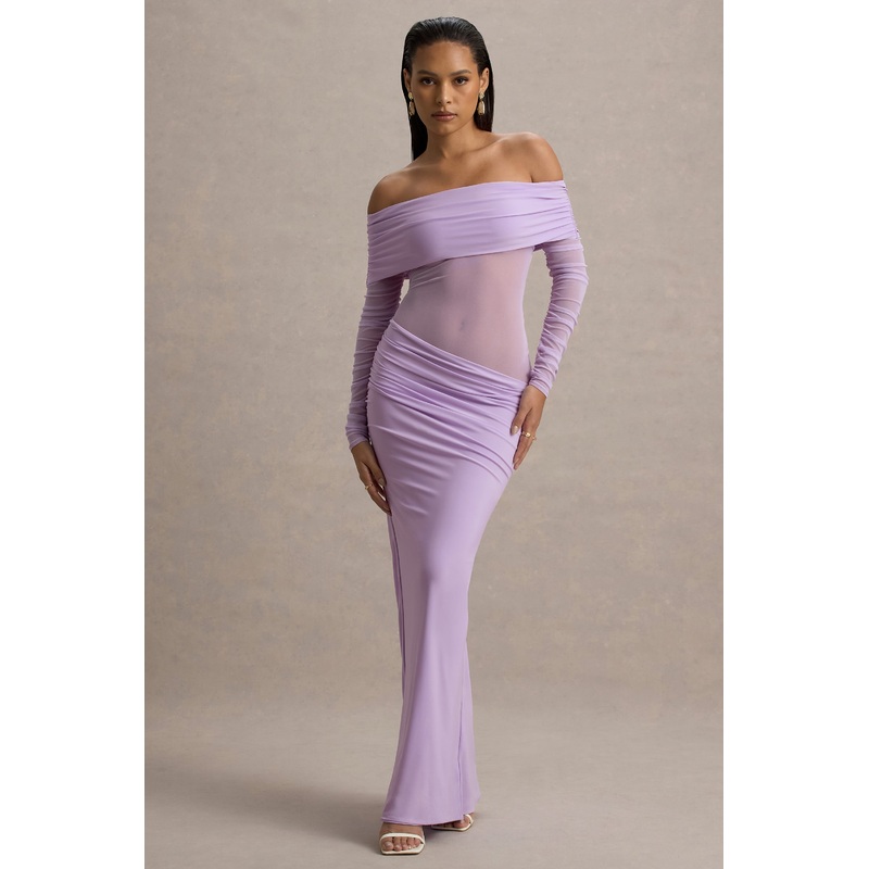 Belamour | Lavender Semi-Sheer Bardot Gathered Maxi Dress