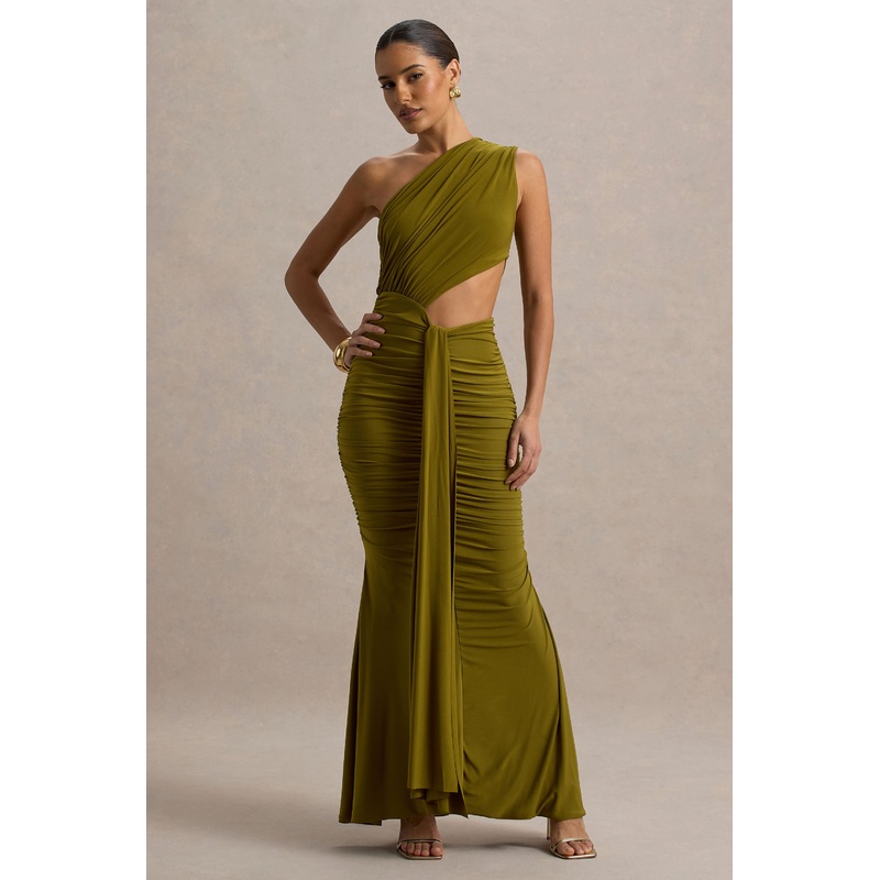 Beline | Green One-Shoulder Cut-Out Maxi Dress With Drape