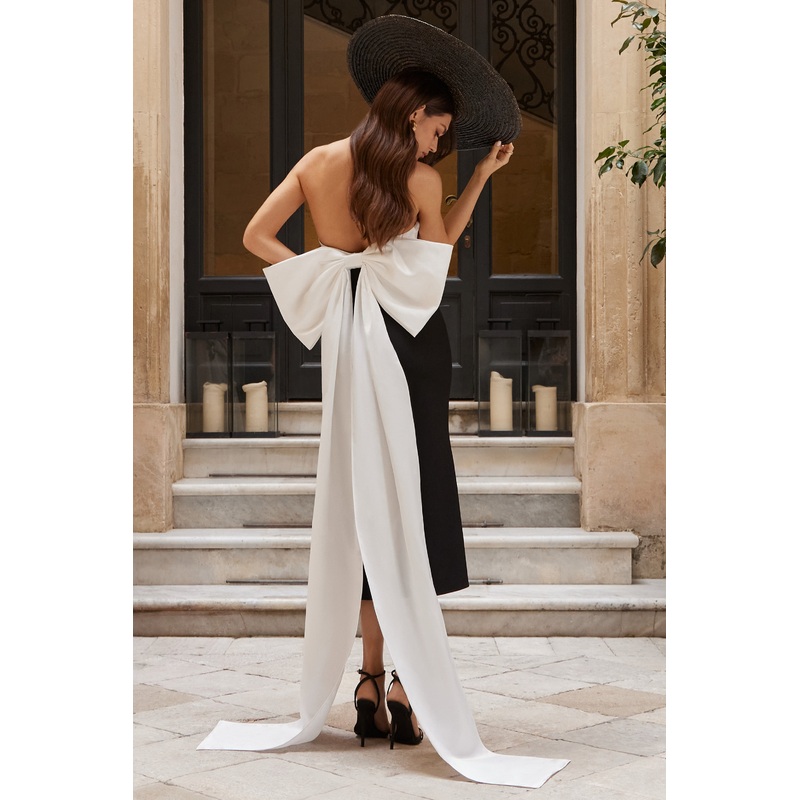 Blanca | Black & White Halter-Neck Cut-Out Midi Dress With Oversized Bow