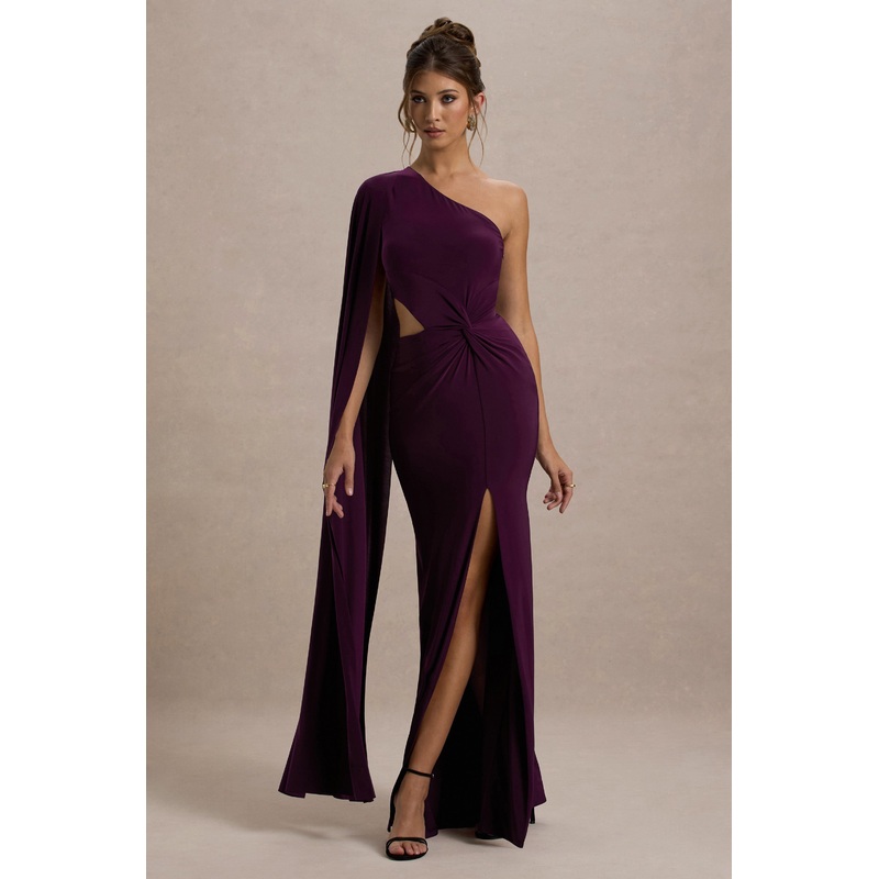 Brona | Plum One-Shoulder Cape-Sleeve Split Maxi Dress