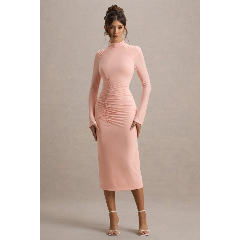 Cassandra | Pink High-Neck Long-Sleeve Midi Dress