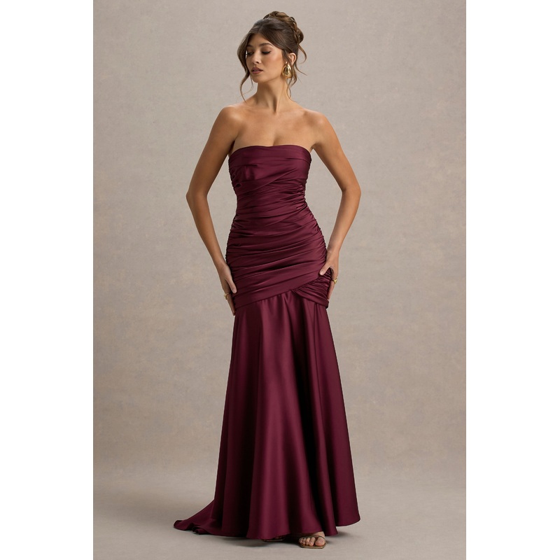 Cassidy | Burgundy Satin Bandeau Gathered Maxi Dress