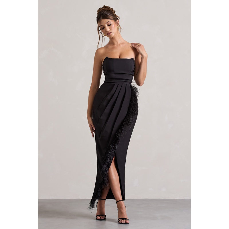 Chosen | Black Bandeau Wrap Maxi Dress With Feather Trim