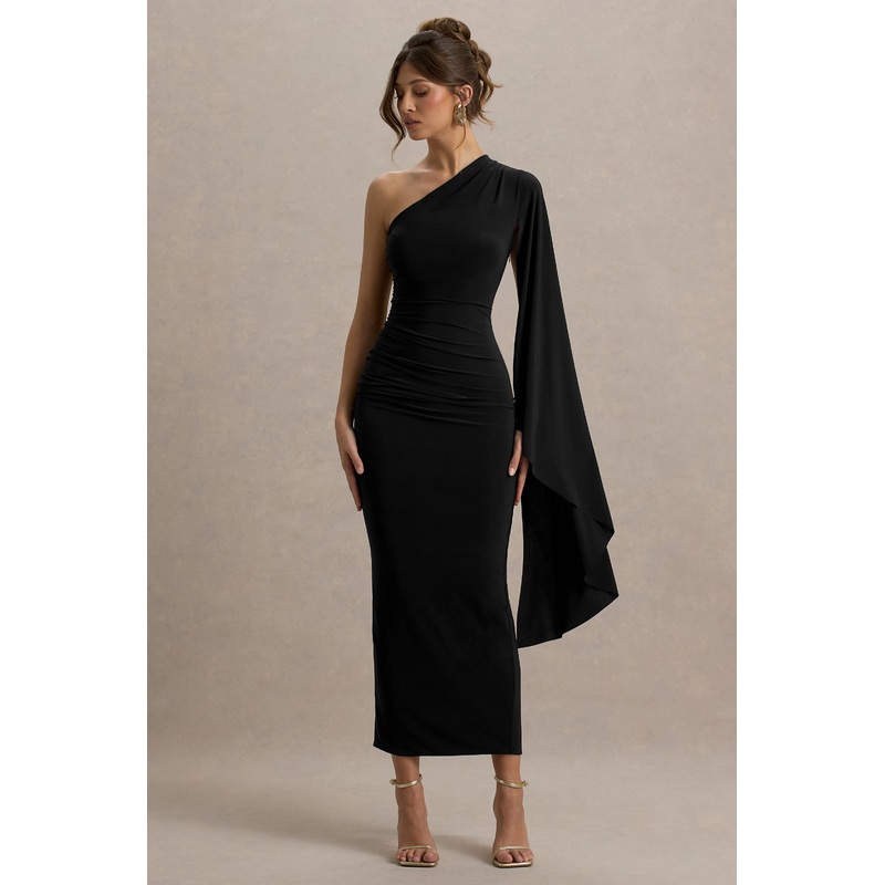 Clementina | Black Asymmetric Cape Sleeve Maxi Dress