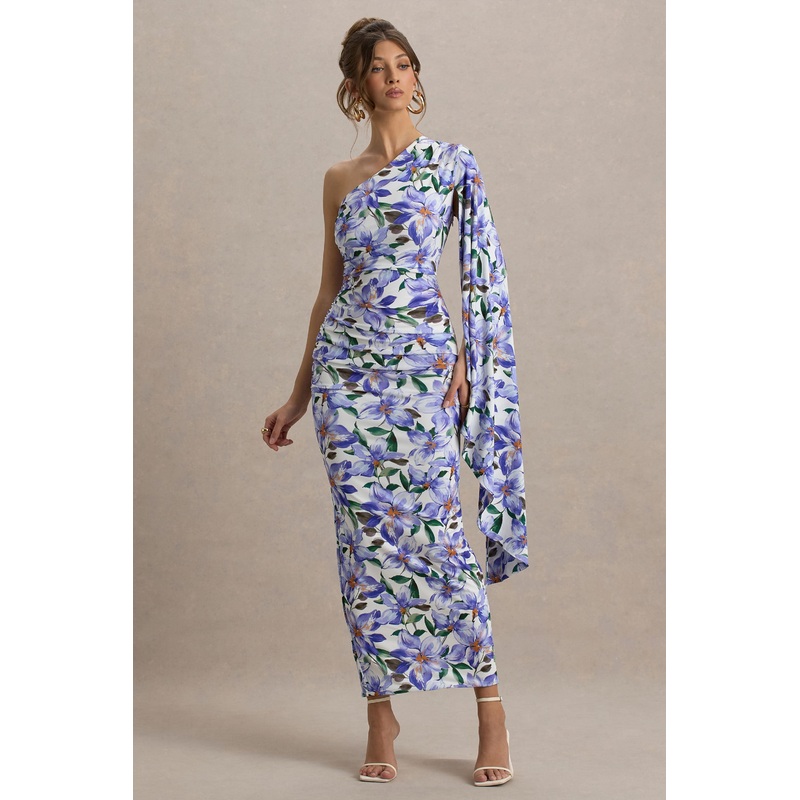 Clementina | Purple Lily Print Asymmetric Cape Sleeve Maxi Dress