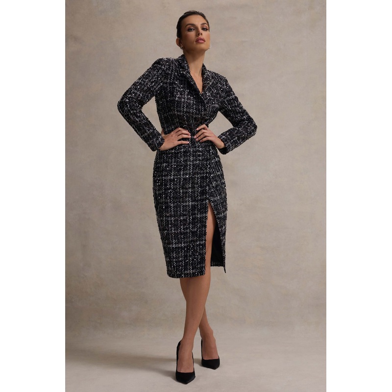 Cooper | Black Boucle Tailored Blazer Midi Dress