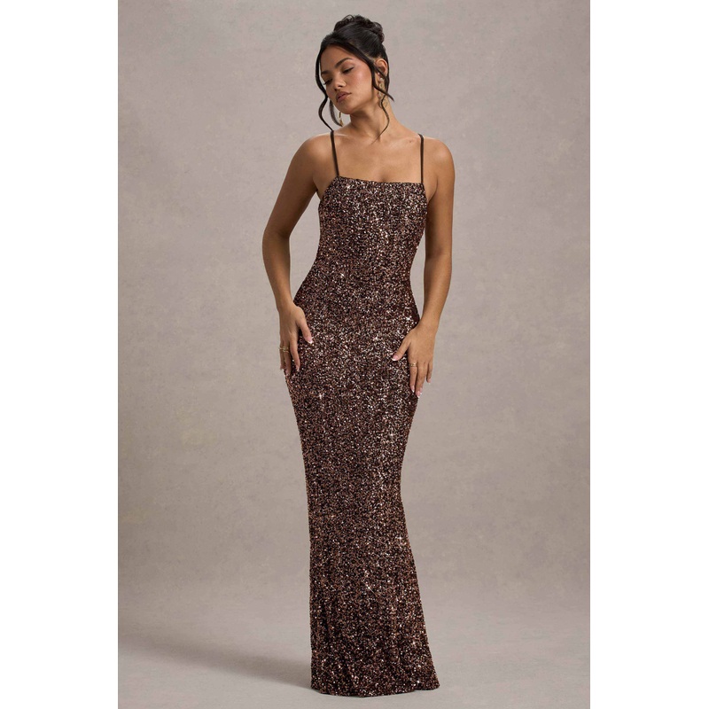 Cosmic | Bronze Sequin Square-Neck Strappy Maxi Dress