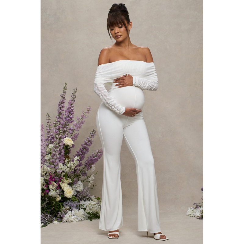 Count Down | White Maternity Ruched Mesh Bardot Jumpsuit