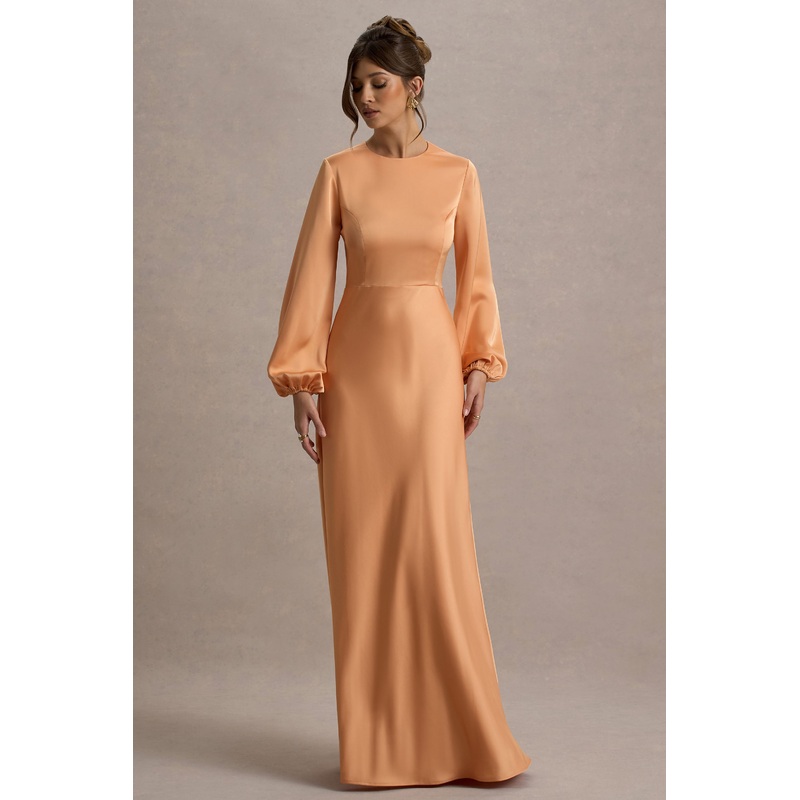 Crawley | Peach Satin Puff-Sleeve Maxi Dress