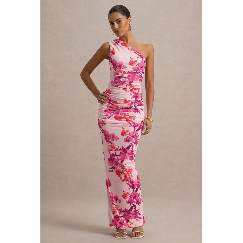Dalarie | Pink and Orange Floral Print One-Shoulder Gathered Maxi Dress