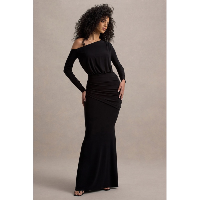 Deanna | Black Asymmetric Long-Sleeve Ruched Maxi Dress