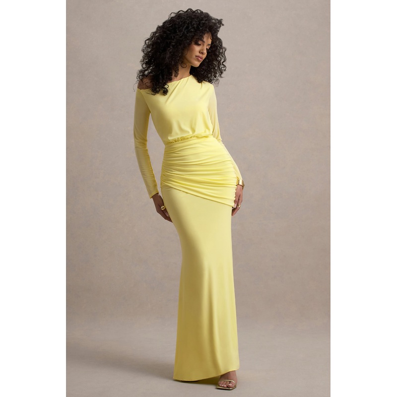 Deanna | Lemon Asymmetric Long-Sleeve Ruched Maxi Dress