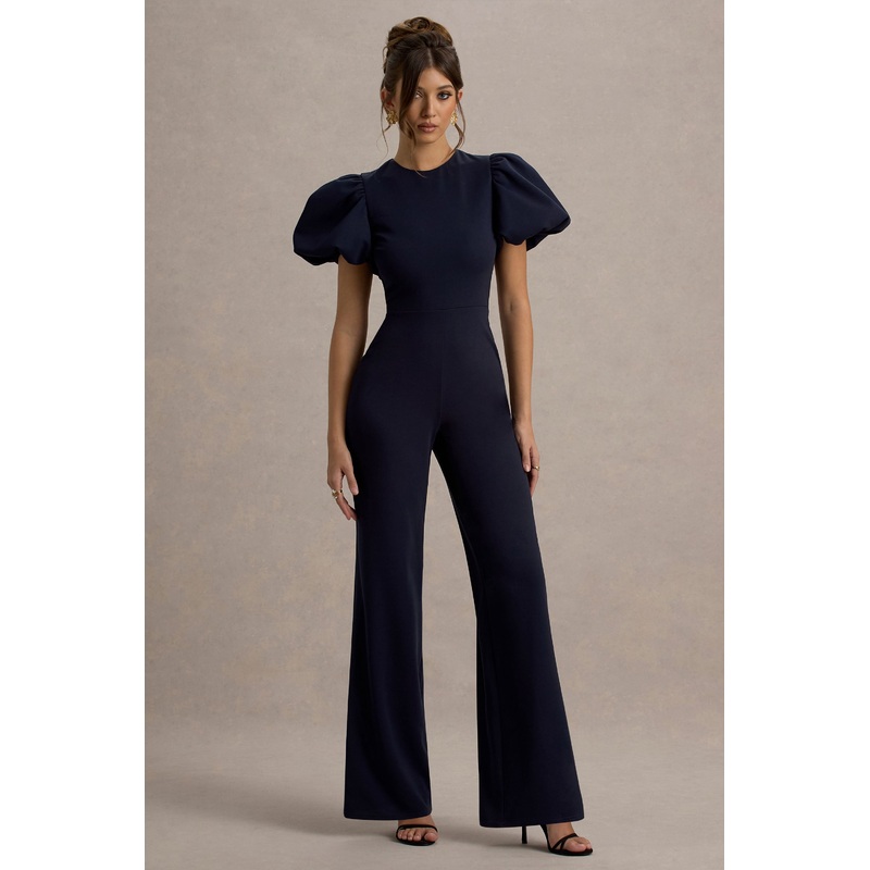 Dillon | Navy Puff-Sleeve Straight-Leg Jumpsuit