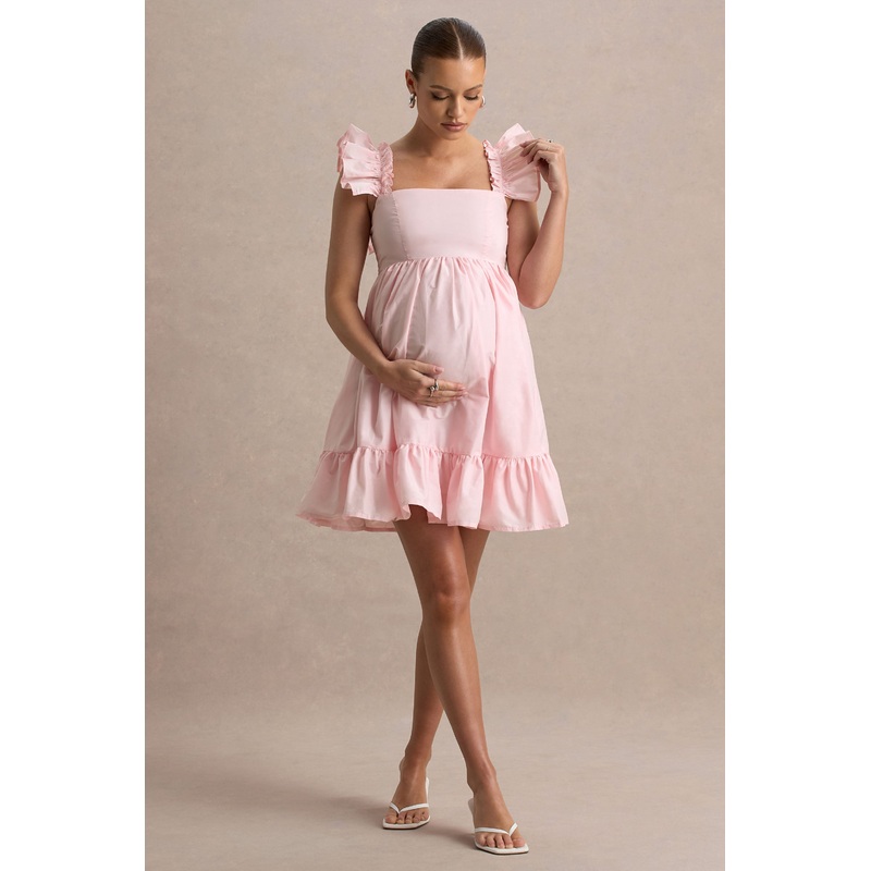 Dolly Daze | Blush Ruffle Sleeve Babydoll Maternity Mini Dress