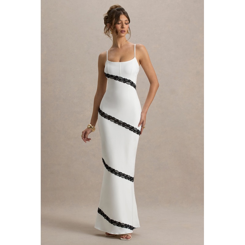Elizabeth | White & Black Strappy Lace-Trimmed Maxi Dress