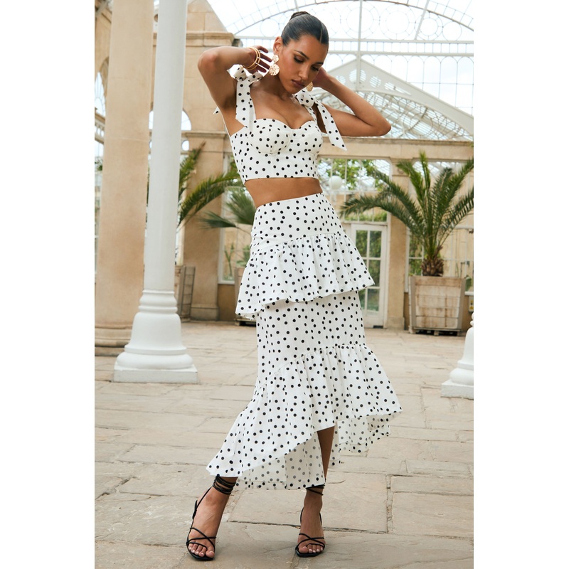 Emry | White Polka Dot High-Waist Maxi Skirt With Ruffle Detail