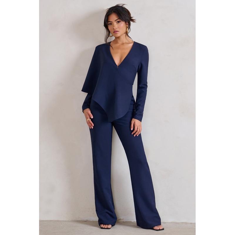 Erika | Navy Plunge Jumpsuit with One-Shoulder Cape Overlay