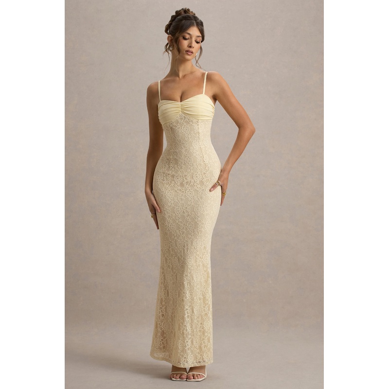 Felicia | Pale Lemon Satin Sweetheart Maxi Dress With Lace Details