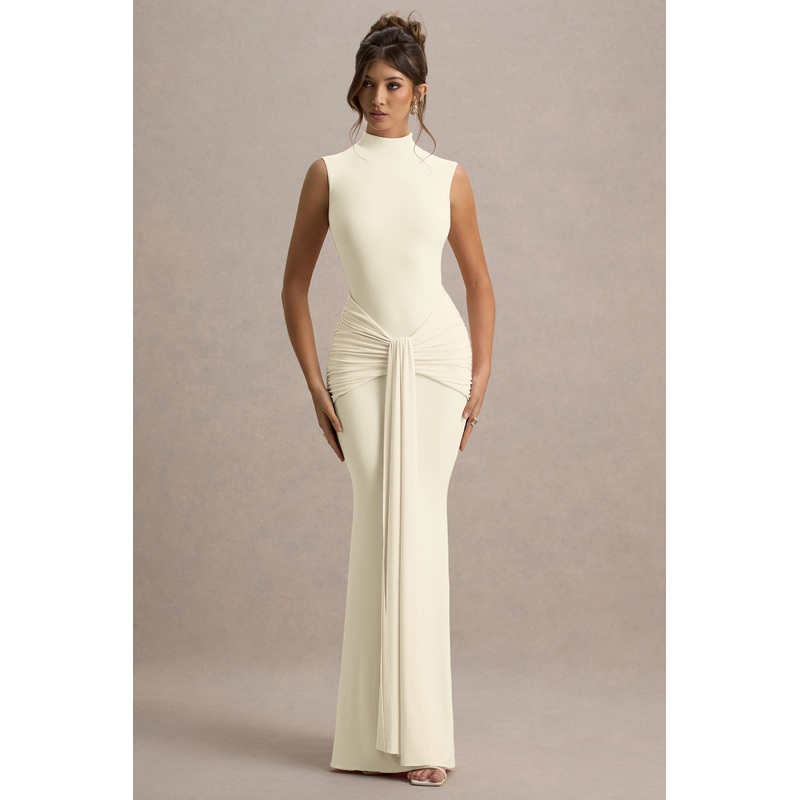 Graziana | Pale Lemon High-Neck Gathered Draped Maxi Dress