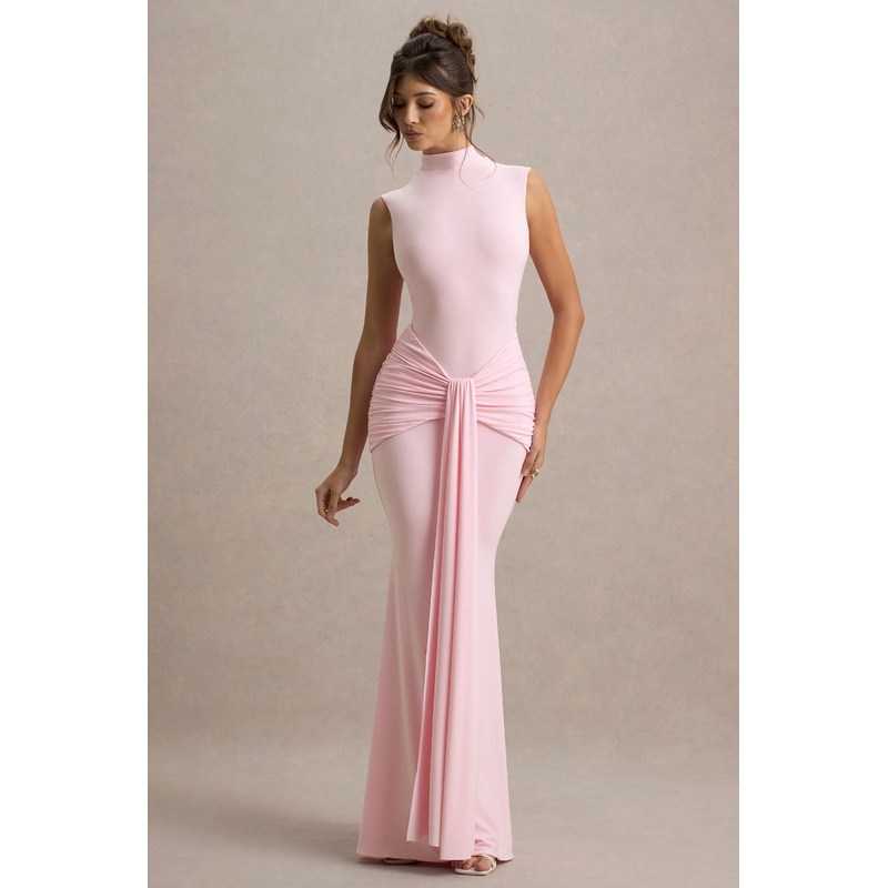 Graziana | Pink High-Neck Gathered Draped Maxi Dress