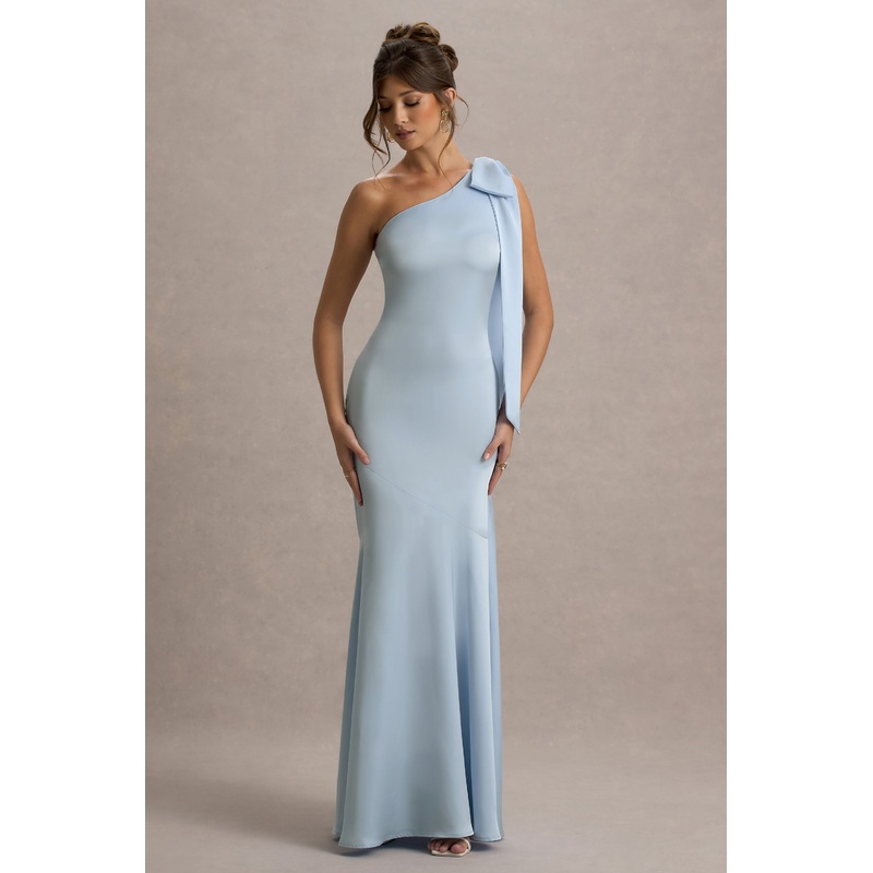 Here For Love | Powder Blue Satin Asymmetric Maxi Dress With Bow