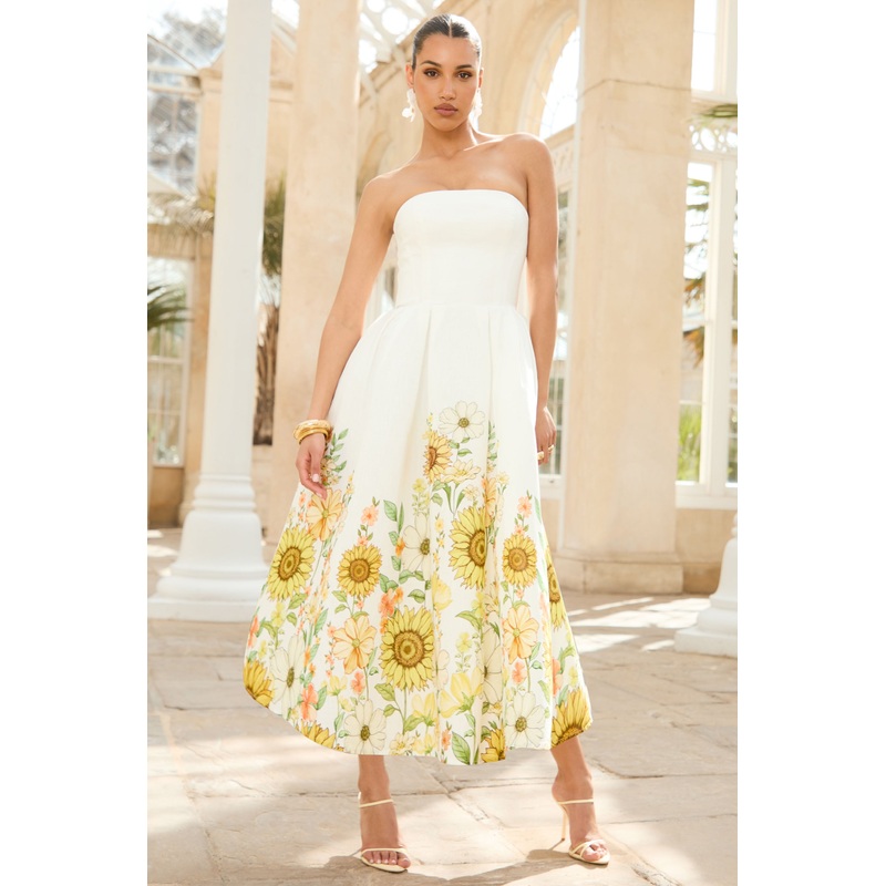 Ivory | Sunflower Print Bandeau High-Low Midi Dress