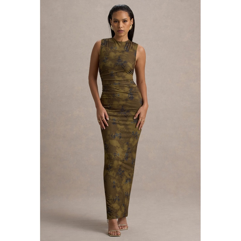 Jacinda | Khaki Floral Print Bodycon Maxi Dress