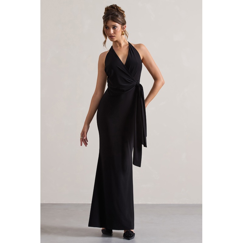 Janelle | Black Halter-Neck Gathered Drape Maxi Dress