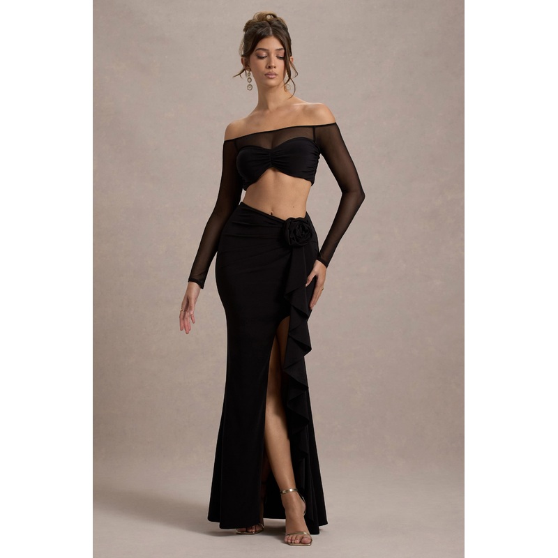 Kavi | Black Ruched Split Maxi Skirt