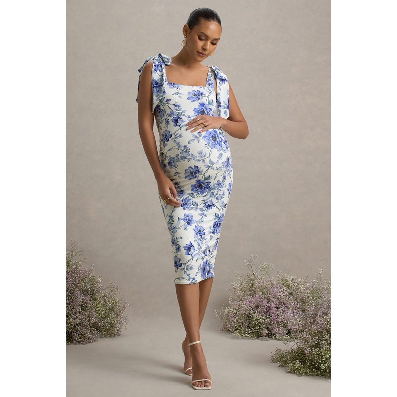 Linnie | Blue Floral Print Square-Neck Maternity Midi Dress With Bow Straps
