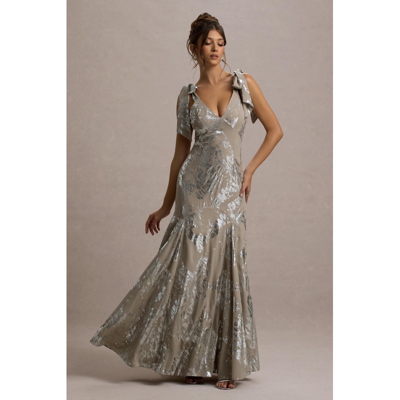 Lula | Champagne Metallic Plunge-Neck Maxi Dress With Bow Straps