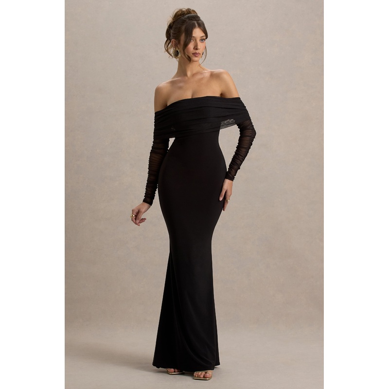 Madeleine | Black Fishtail Maxi Dress With Bardot Mesh Long Sleeves
