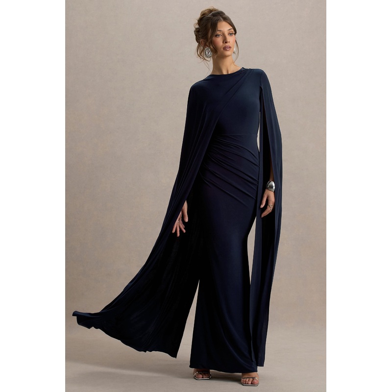 Magdelena | Navy Asymmetric Cape Maxi Dress