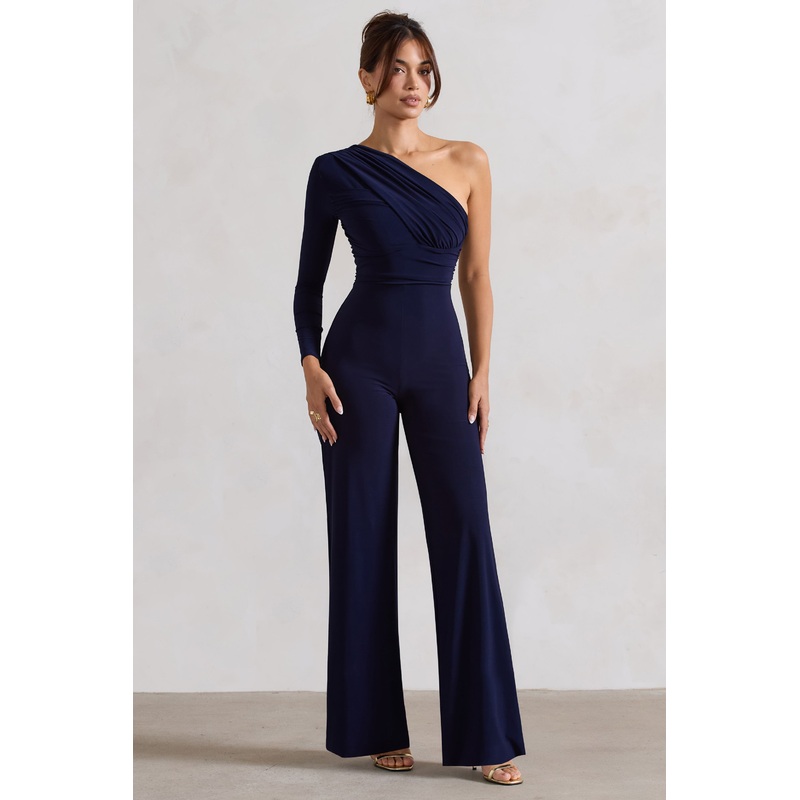 Mila | Navy One Shoulder Ruched Wide Leg Jumpsuit