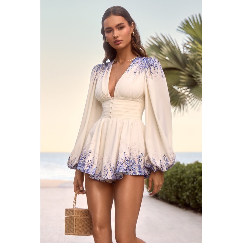 Nalla | Wisteria Print Linen Plunge-Neck Playsuit