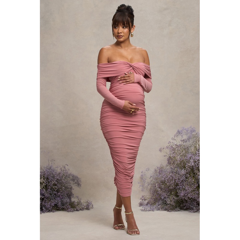 Neva | Blush Bardot Twist Maternity Midi Dress