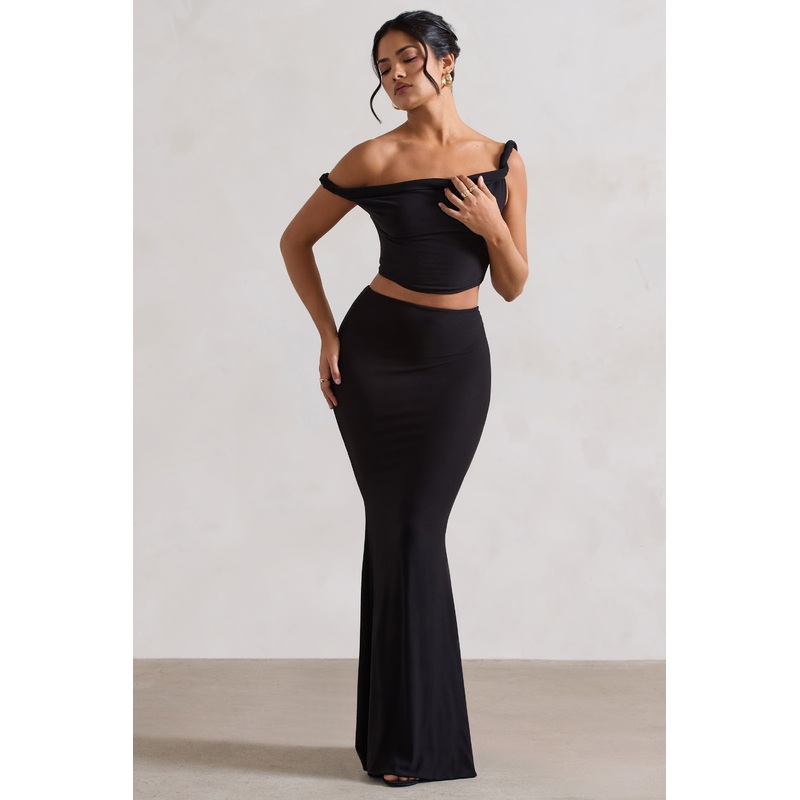 Neve | Black Gathered Maxi Skirt