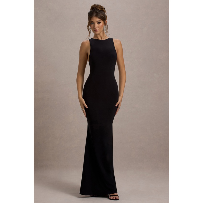 Odelle | Black Boat-Neck Racer-Back Maxi Dress
