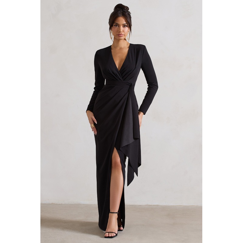 Odetta | Black Plunge-Neck Wrap Maxi Dress With Tie Waist