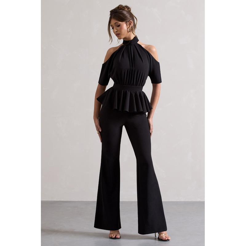 Osbourne | Black High-Neck Cut-Out Jumpsuit With Peplum Waist