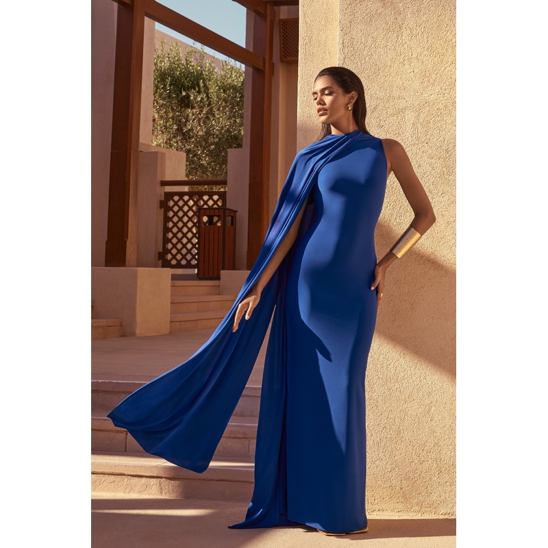 Padma | Blue Draped Maxi Dress With Cape Sleeves