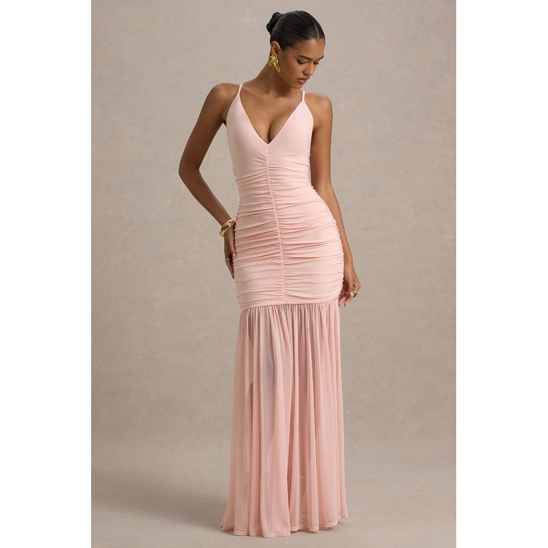 Pasqualina | Pink Ruched Plunge-Neck Maxi Dress