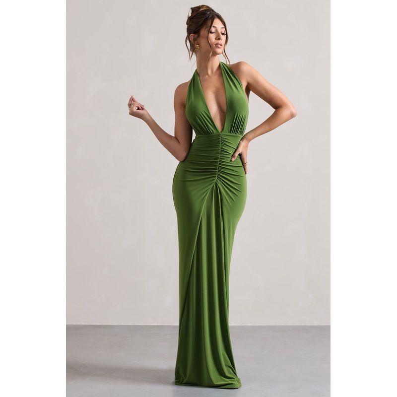 Payton | Palm Green Ruched Halter-Neck Maxi Dress