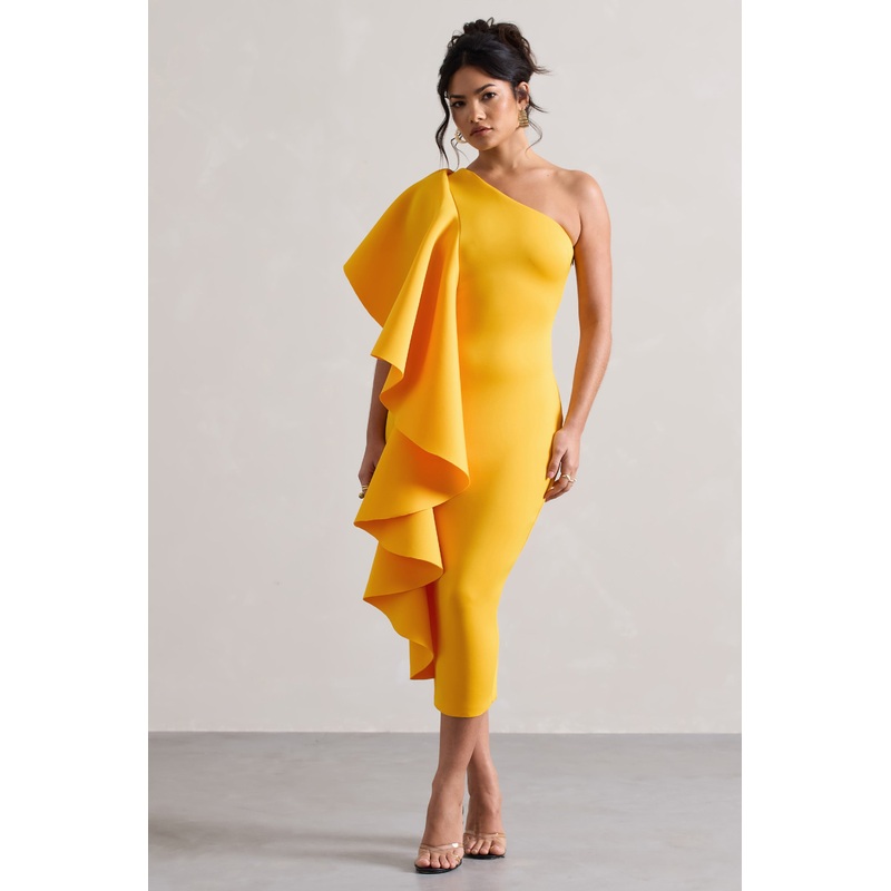 Polo | Mango One Shoulder Bodycon Midi Dress With Ruffle