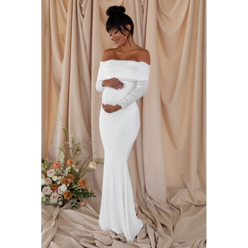 Pretty Perfect | White Maternity Ruched Mesh Bardot Maxi Dress