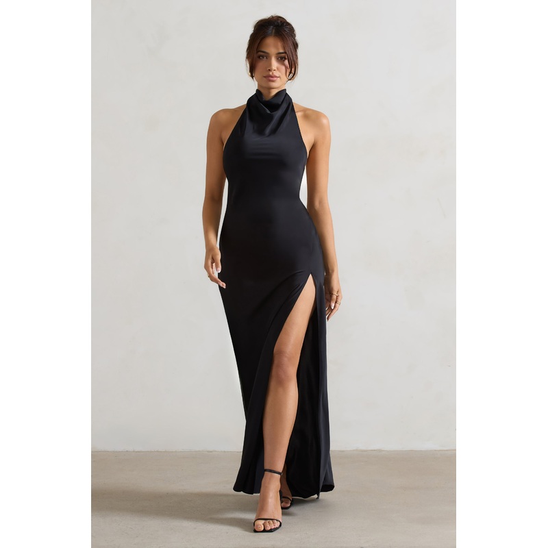 Priero | Black Cowl Halter-Neck Open Back Maxi Dress
