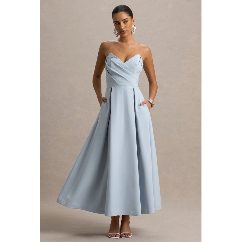 Reigning Beauty | Powder Blue Sweetheart Midi Dress With Volume Hem
