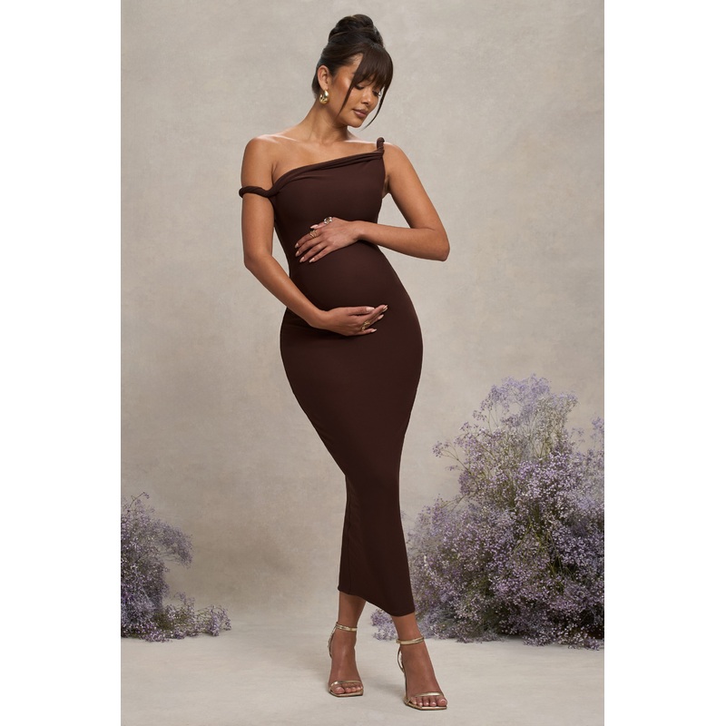 Salome | Chocolate Brown Twisted Asymmetric Maternity Midi Dress
