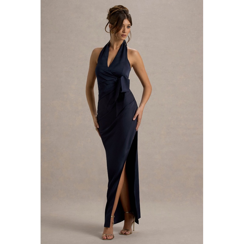 Santorini | Navy Satin Plunge-Neck Wrap Maxi Dress