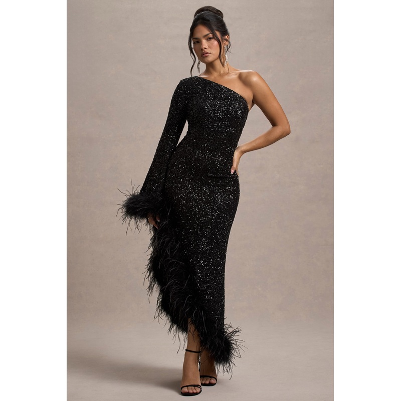 Shadow | Black Sequin One-Shoulder Feather Trim Maxi Dress
